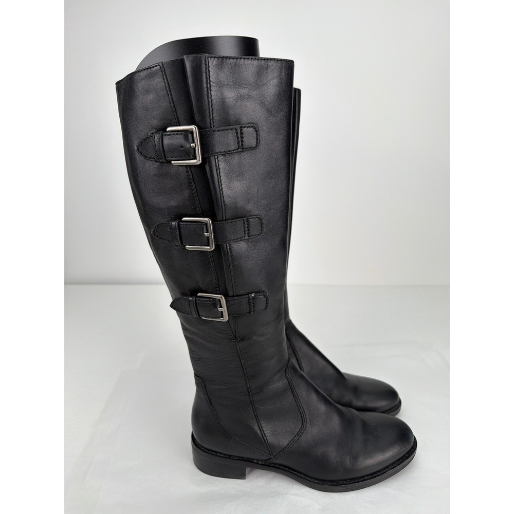 ECCO Leather Riding Boots Women 37 Black Triple Buckle Tall Moto Equestrian